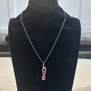 TOVA Rose Crystal LOVE Necklace with Mint Crystal Chain with Green Patina Wash
